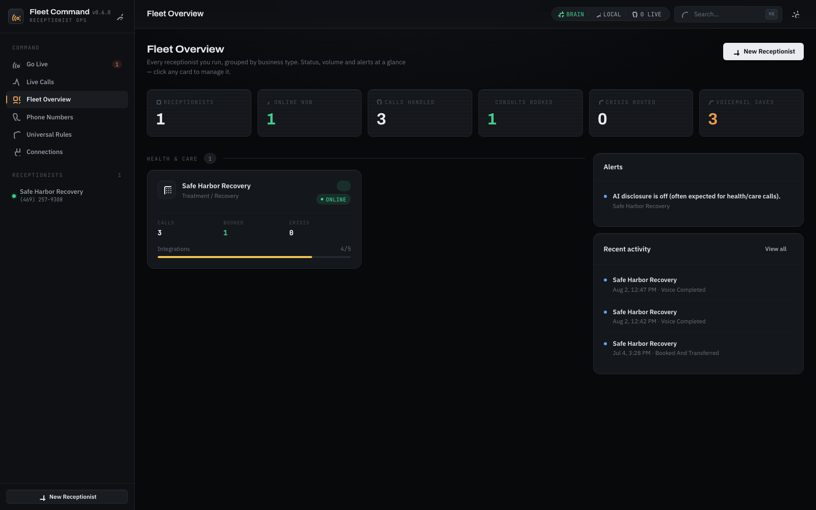 Fleet Command, the control center for the AI receptionist system